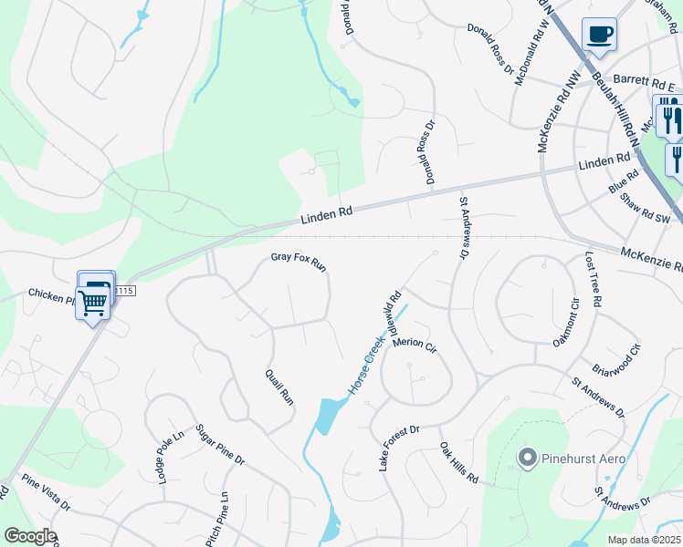 map of restaurants, bars, coffee shops, grocery stores, and more near 125 Gray Fox Run in Pinehurst