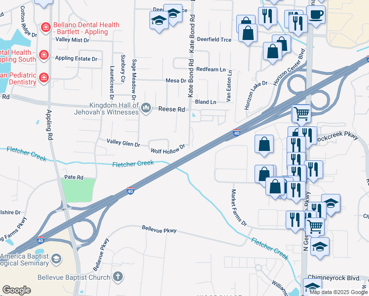 map of restaurants, bars, coffee shops, grocery stores, and more near 7817 Wolf Hollow Drive in Memphis