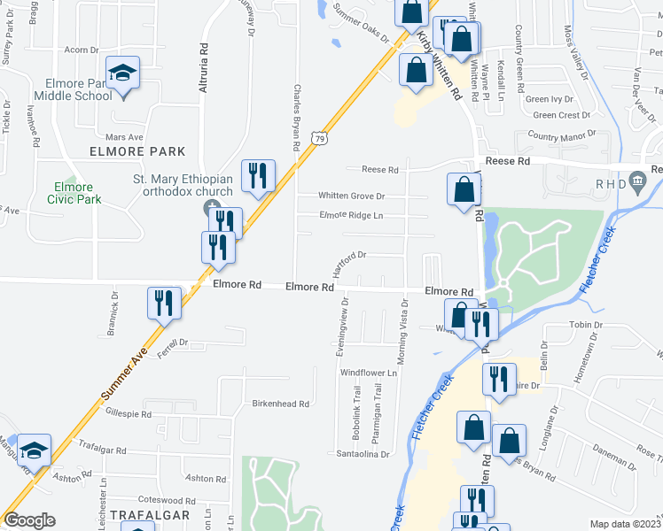 map of restaurants, bars, coffee shops, grocery stores, and more near 6610 Hartford Drive in Memphis