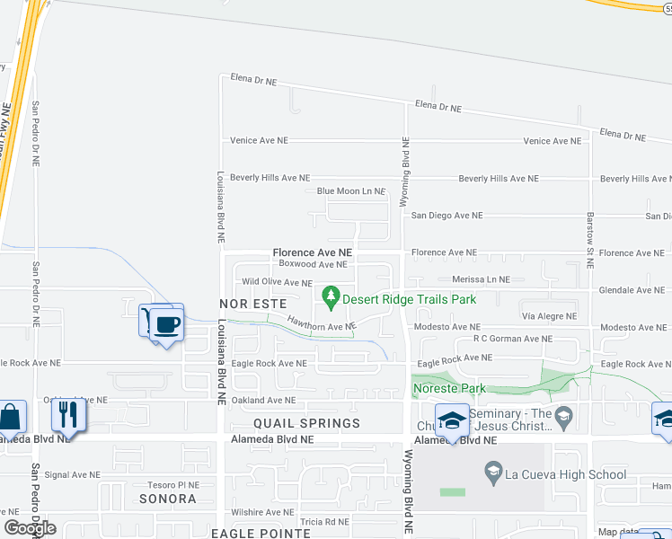 map of restaurants, bars, coffee shops, grocery stores, and more near 7328 Boxwood Avenue Northeast in Albuquerque