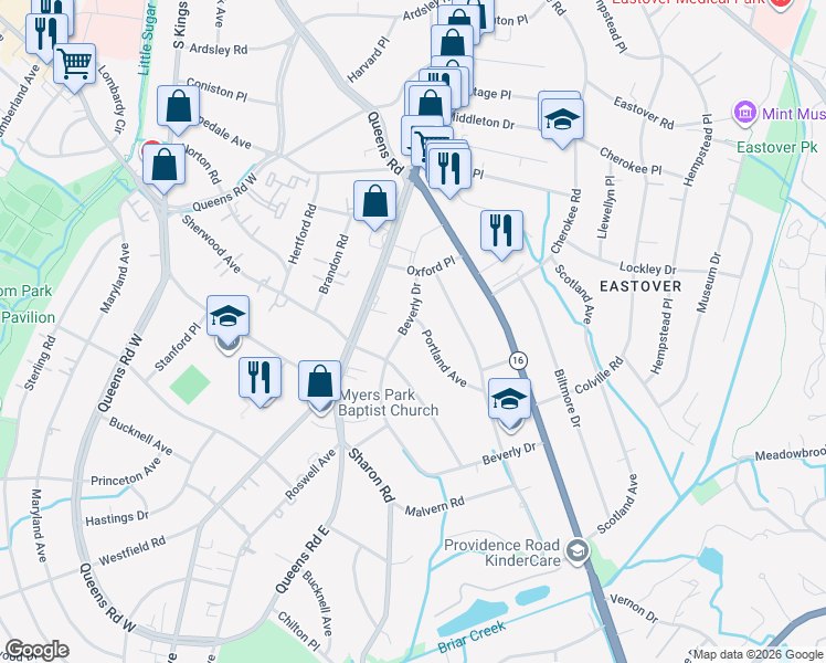 map of restaurants, bars, coffee shops, grocery stores, and more near 1700 Beverly Drive in Charlotte