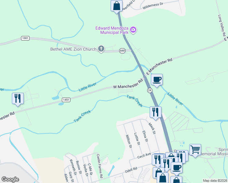 map of restaurants, bars, coffee shops, grocery stores, and more near 232 West Manchester Road in Spring Lake