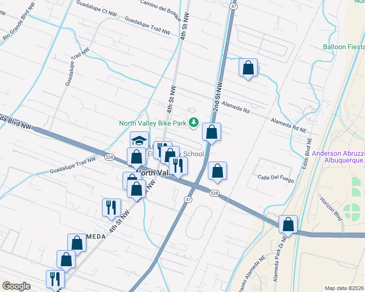map of restaurants, bars, coffee shops, grocery stores, and more near 9660 4th Street Northwest in Albuquerque