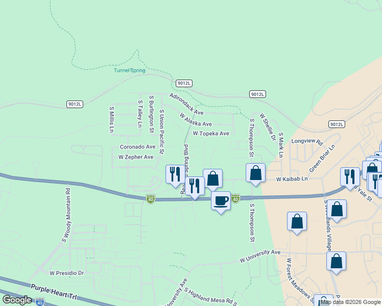 map of restaurants, bars, coffee shops, grocery stores, and more near 2224 West Shortline Court in Flagstaff