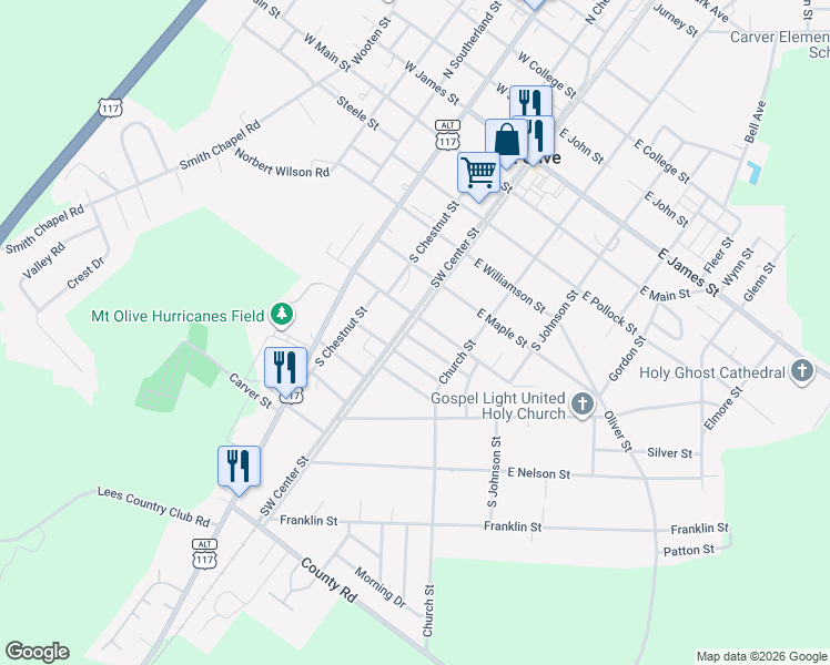 map of restaurants, bars, coffee shops, grocery stores, and more near 421 Southeast Center Street in Faison