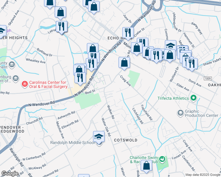 map of restaurants, bars, coffee shops, grocery stores, and more near 1012 McAlway Road in Charlotte