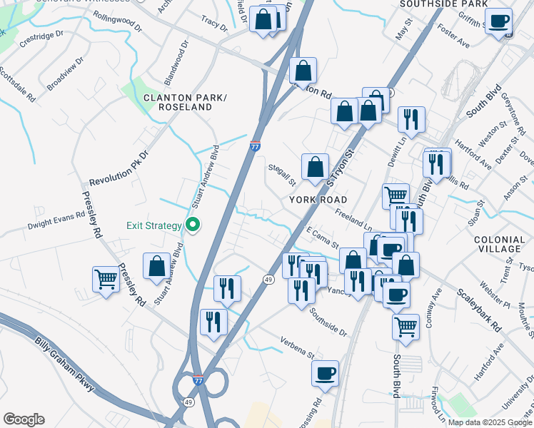 map of restaurants, bars, coffee shops, grocery stores, and more near 501 West Cama Street in Charlotte
