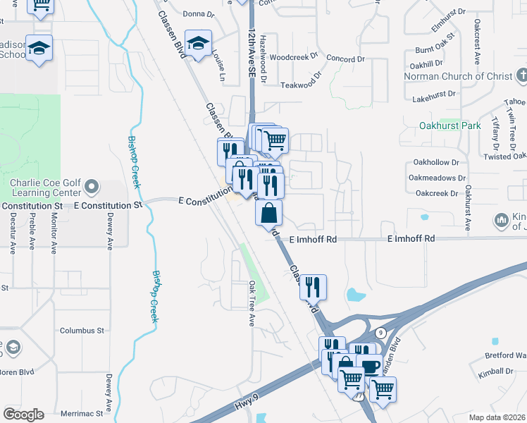 map of restaurants, bars, coffee shops, grocery stores, and more near 2627 Classen Boulevard in Norman