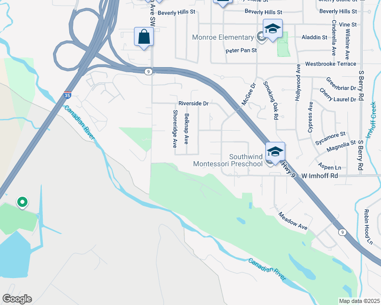 map of restaurants, bars, coffee shops, grocery stores, and more near 2708 Belknap Avenue in Norman