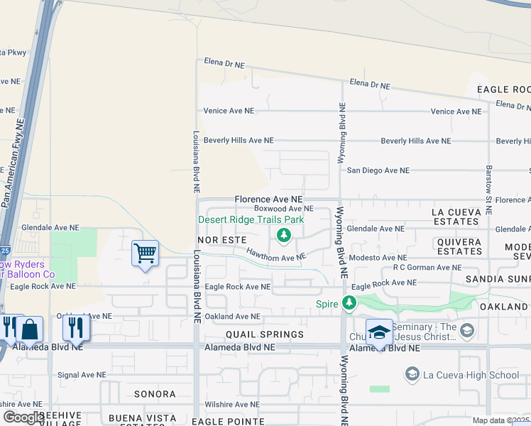 map of restaurants, bars, coffee shops, grocery stores, and more near 7252 Boxwood Avenue Northeast in Albuquerque