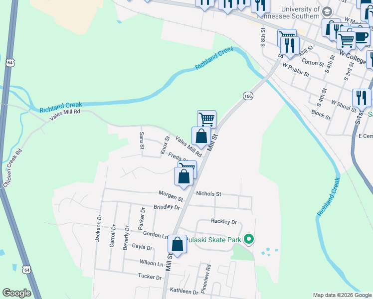 map of restaurants, bars, coffee shops, grocery stores, and more near 1010 Vales Mill Road in Pulaski