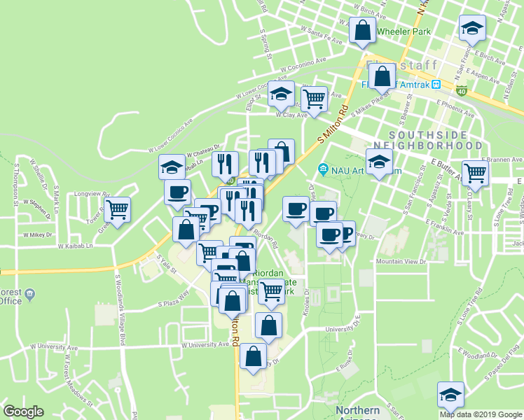 map of restaurants, bars, coffee shops, grocery stores, and more near 914 South Milton Road in Flagstaff