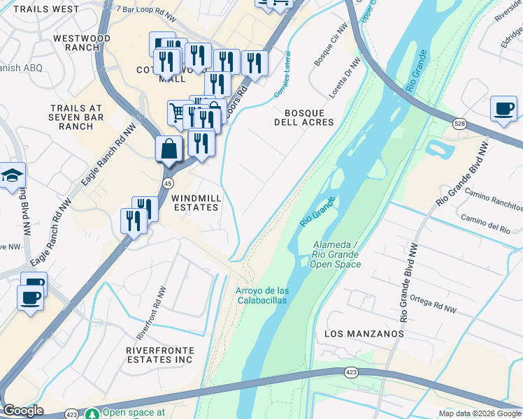 map of restaurants, bars, coffee shops, grocery stores, and more near 9718 Loretta Drive Northwest in Albuquerque