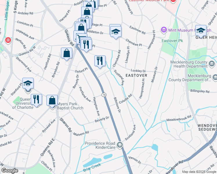 map of restaurants, bars, coffee shops, grocery stores, and more near 1220 Biltmore Drive in Charlotte