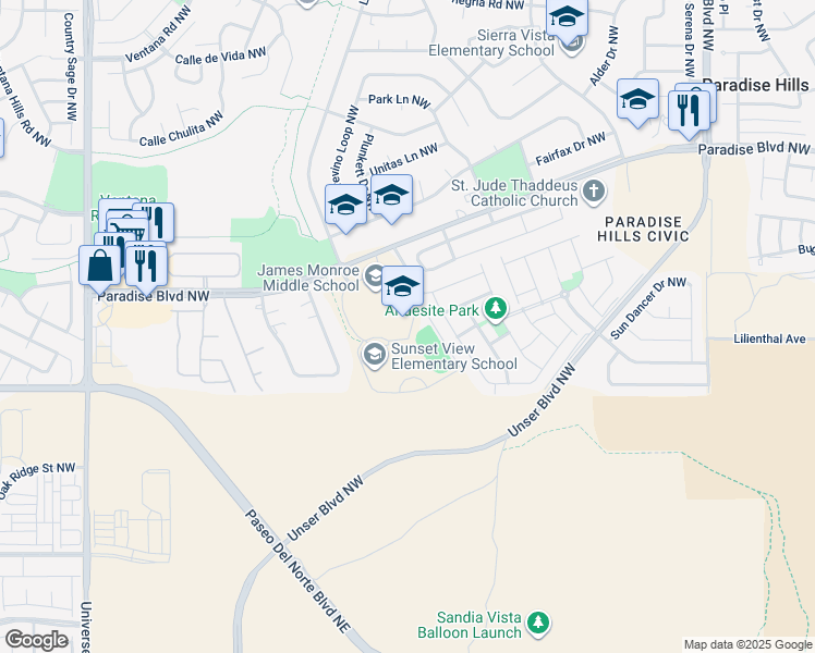 map of restaurants, bars, coffee shops, grocery stores, and more near 6100 Paradise Boulevard Northwest in Albuquerque
