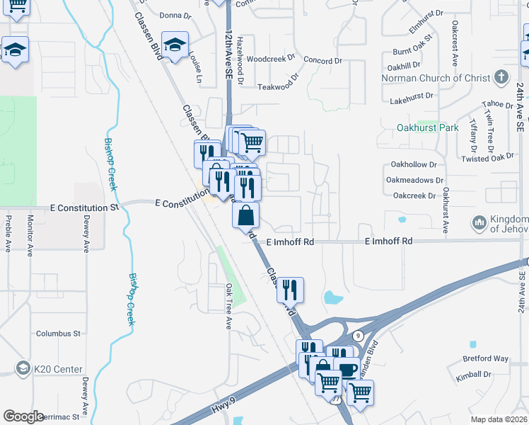 map of restaurants, bars, coffee shops, grocery stores, and more near 2657 Classen Boulevard in Norman