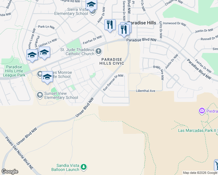 map of restaurants, bars, coffee shops, grocery stores, and more near 9600 Sun Dancer Drive Northwest in Albuquerque