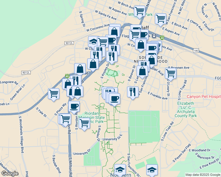 map of restaurants, bars, coffee shops, grocery stores, and more near Osborn Drive in Flagstaff