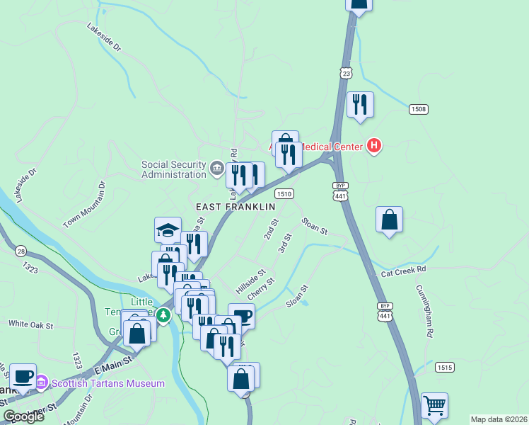 map of restaurants, bars, coffee shops, grocery stores, and more near 100-154 State Road 1510 in Franklin