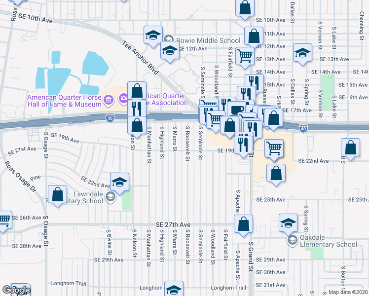 map of restaurants, bars, coffee shops, grocery stores, and more near 1717 South Roosevelt Street in Amarillo