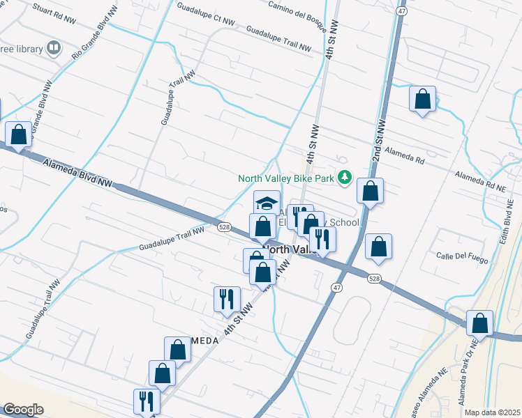 map of restaurants, bars, coffee shops, grocery stores, and more near 9629 4th Street Northwest in Albuquerque