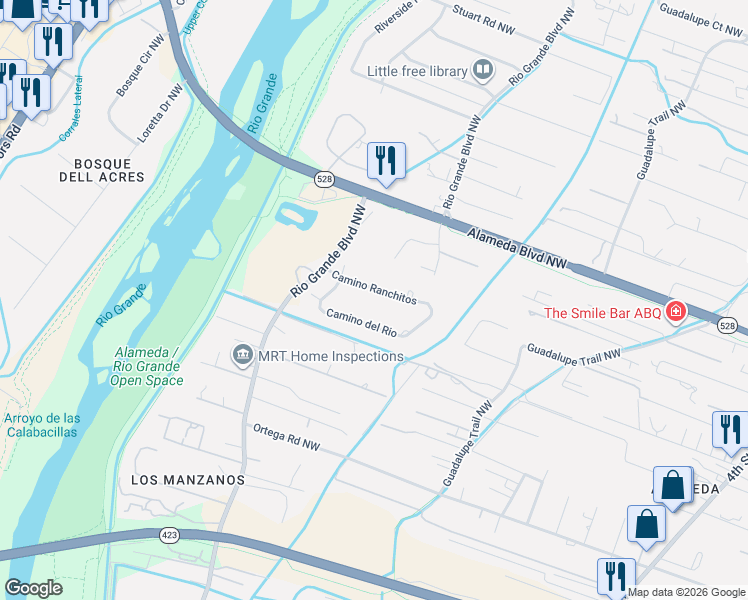 map of restaurants, bars, coffee shops, grocery stores, and more near 1019 Camino Ranchitos in Albuquerque