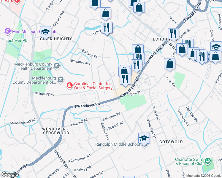 map of restaurants, bars, coffee shops, grocery stores, and more near in Charlotte