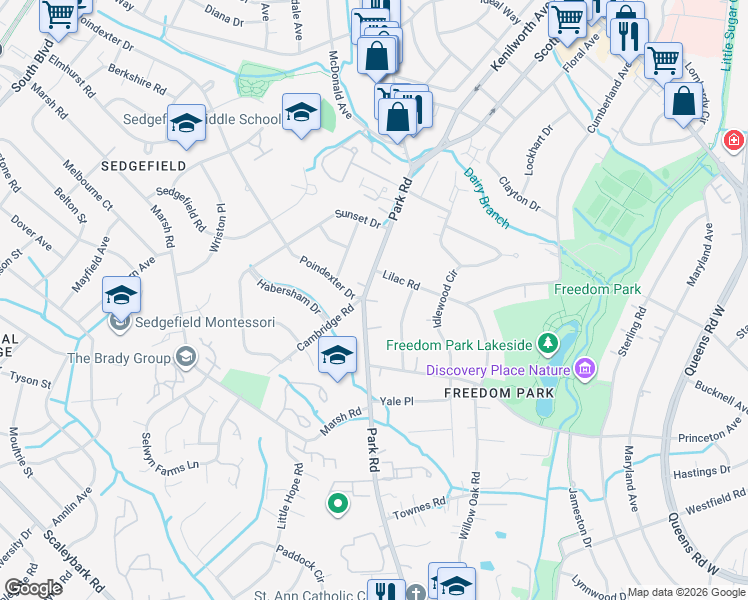 map of restaurants, bars, coffee shops, grocery stores, and more near in Charlotte