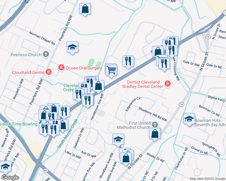 map of restaurants, bars, coffee shops, grocery stores, and more near 3510-3516 Keith Street Northwest in Cleveland