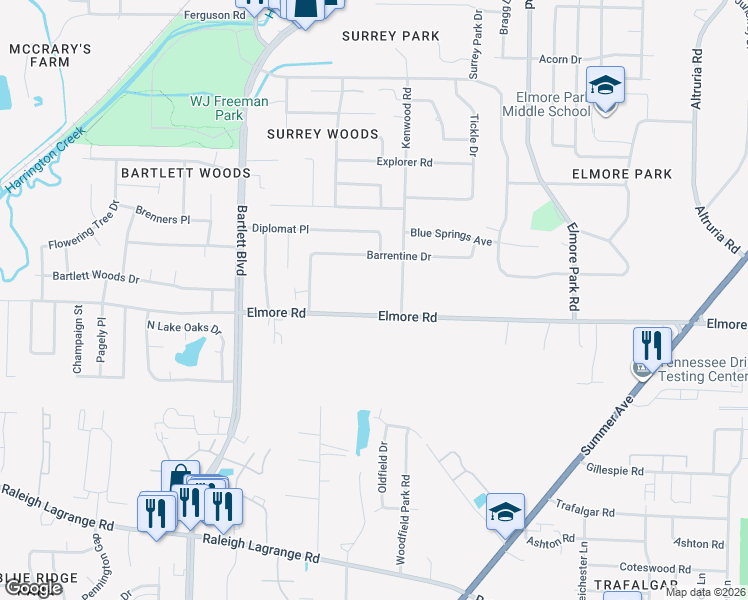 map of restaurants, bars, coffee shops, grocery stores, and more near 2437 Kenwood Lane in Memphis