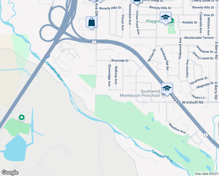 map of restaurants, bars, coffee shops, grocery stores, and more near 2803 Shoreridge Avenue in Norman