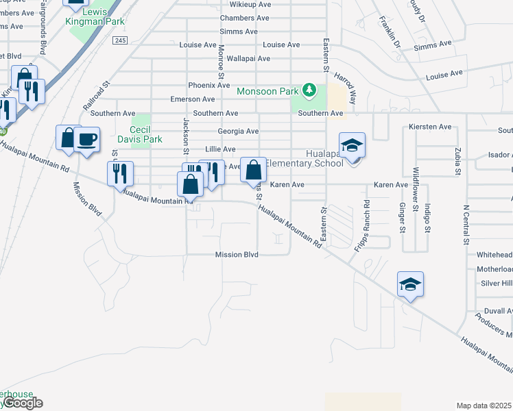 map of restaurants, bars, coffee shops, grocery stores, and more near 2668 Hualapai Mountain Road in Kingman