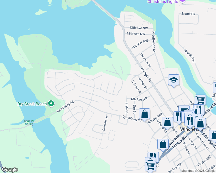 map of restaurants, bars, coffee shops, grocery stores, and more near 925 North Vine Street in Winchester