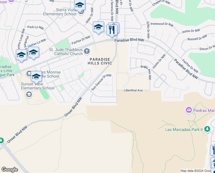map of restaurants, bars, coffee shops, grocery stores, and more near 5616 Red River Road Northwest in Albuquerque