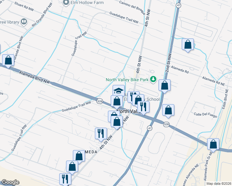 map of restaurants, bars, coffee shops, grocery stores, and more near 412 Alameda Boulevard Northwest in Albuquerque
