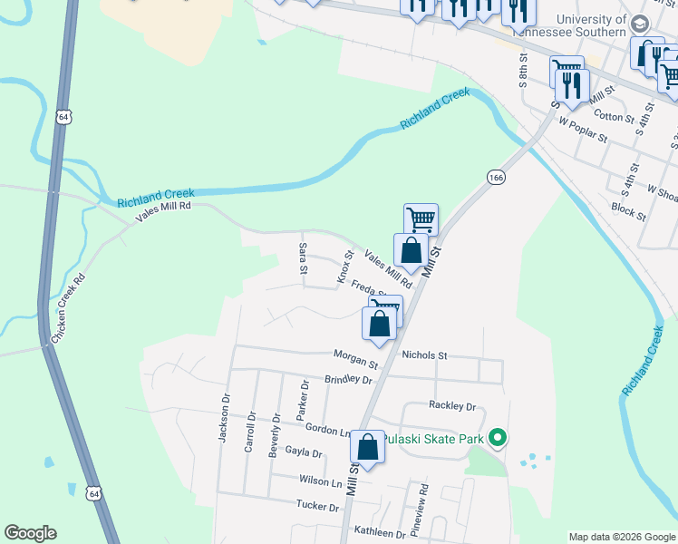 map of restaurants, bars, coffee shops, grocery stores, and more near 1107 Freda Street in Pulaski