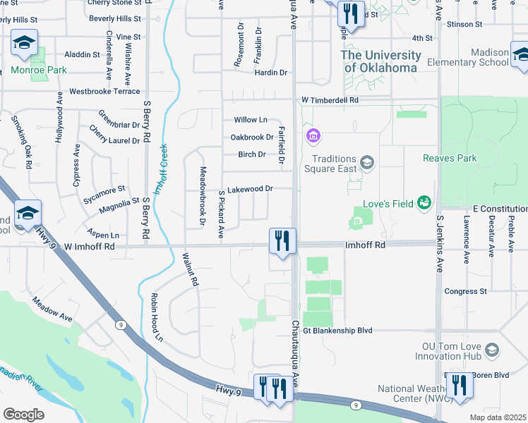 map of restaurants, bars, coffee shops, grocery stores, and more near 2716 Fairfield Drive in Norman
