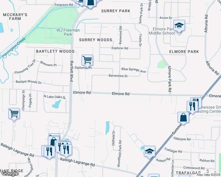 map of restaurants, bars, coffee shops, grocery stores, and more near 2437 Kenwood Lane in Memphis