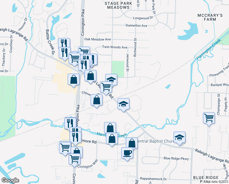 map of restaurants, bars, coffee shops, grocery stores, and more near 5124 Raleigh Lagrange Road in Memphis