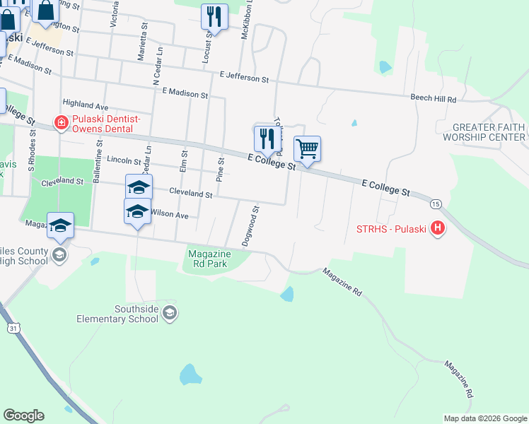 map of restaurants, bars, coffee shops, grocery stores, and more near 945 Cleveland Street in Pulaski