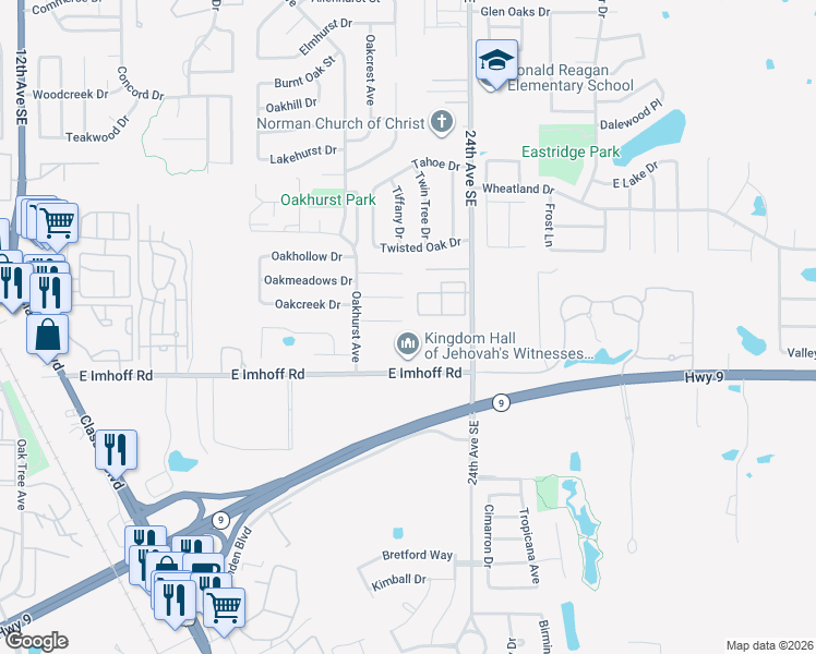 map of restaurants, bars, coffee shops, grocery stores, and more near 2207 Whiteoak Circle in Norman