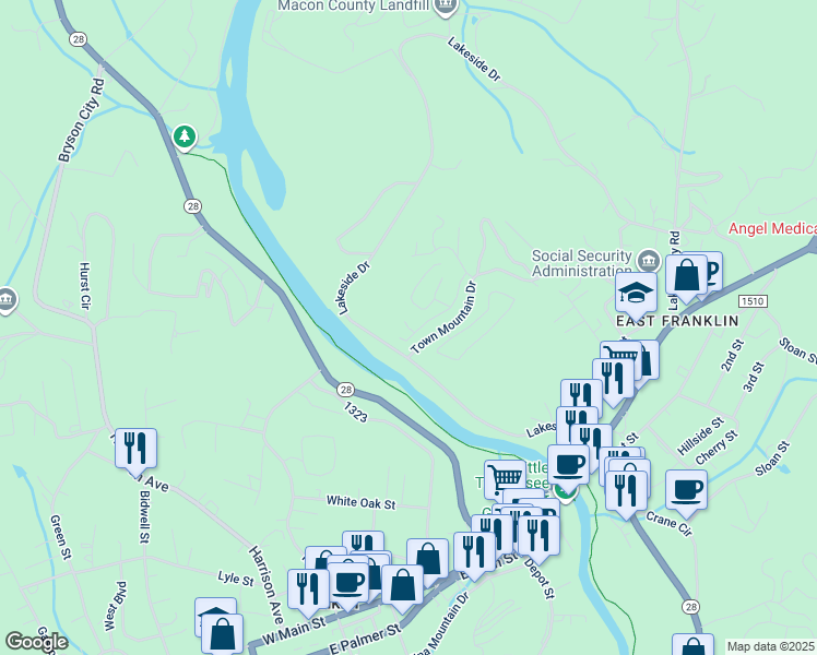 map of restaurants, bars, coffee shops, grocery stores, and more near Ridge Street in Franklin