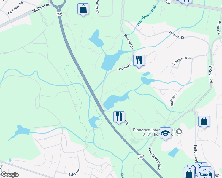 map of restaurants, bars, coffee shops, grocery stores, and more near 119 Saint Mellions Court in Pinehurst