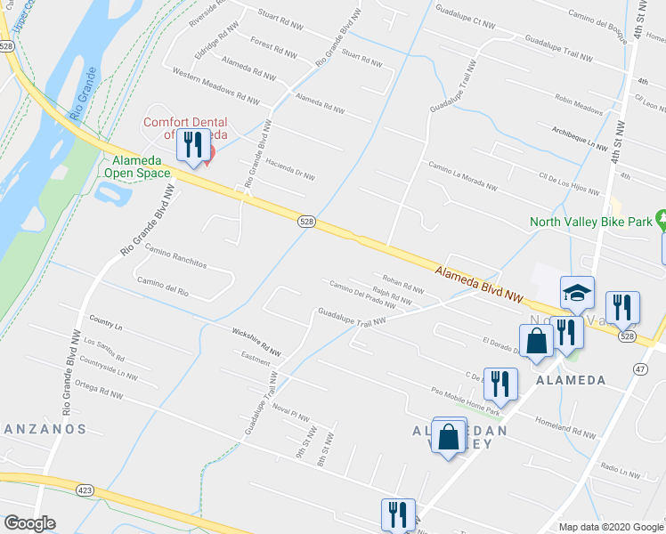 map of restaurants, bars, coffee shops, grocery stores, and more near 9359 Guadalupe Trail Northwest in Albuquerque