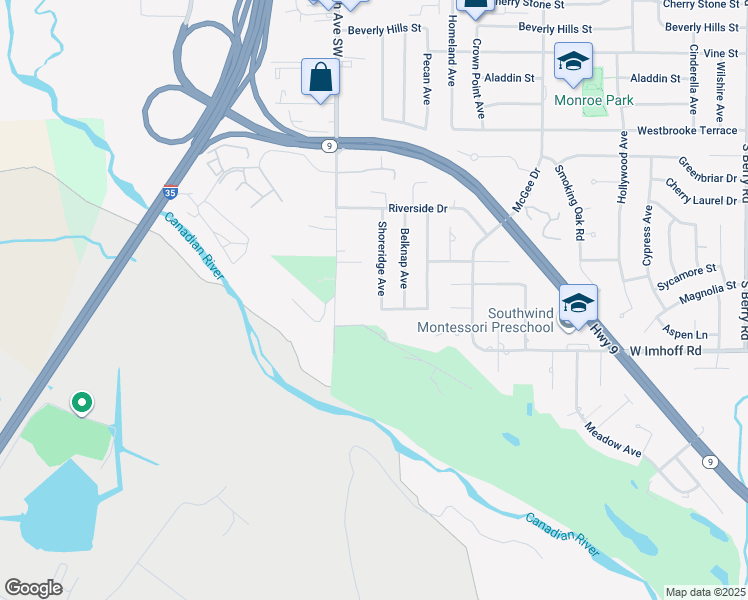 map of restaurants, bars, coffee shops, grocery stores, and more near 2804 Shoreridge Avenue in Norman