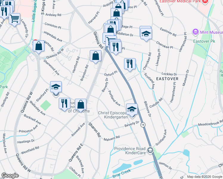 map of restaurants, bars, coffee shops, grocery stores, and more near 2538 Hampton Avenue in Charlotte