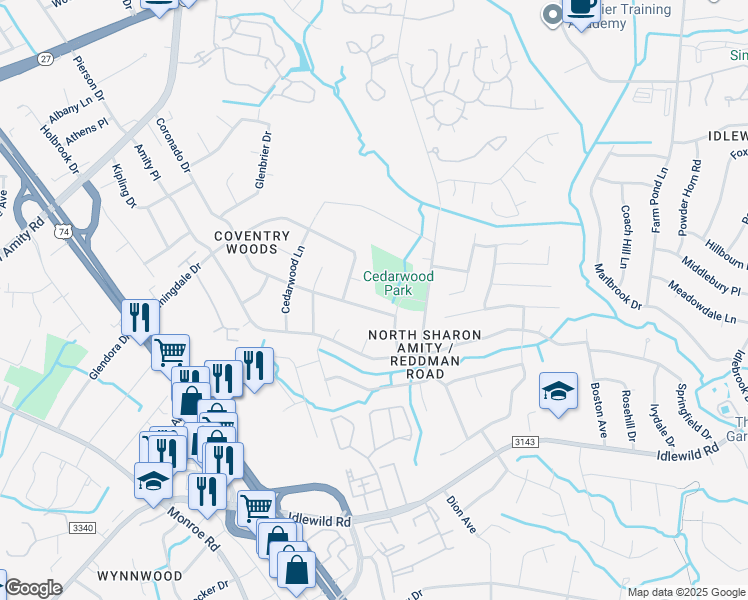map of restaurants, bars, coffee shops, grocery stores, and more near 5314 Galena Court in Charlotte