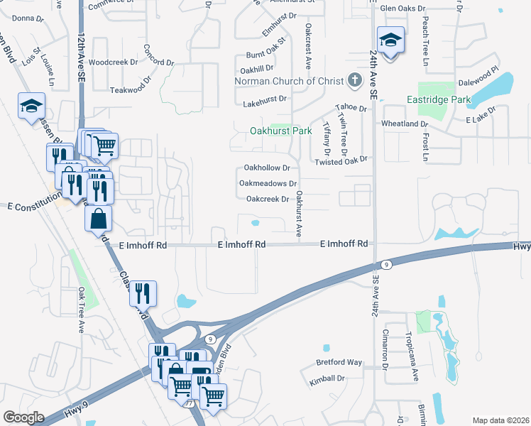 map of restaurants, bars, coffee shops, grocery stores, and more near 1902 Oakcreek Drive in Norman