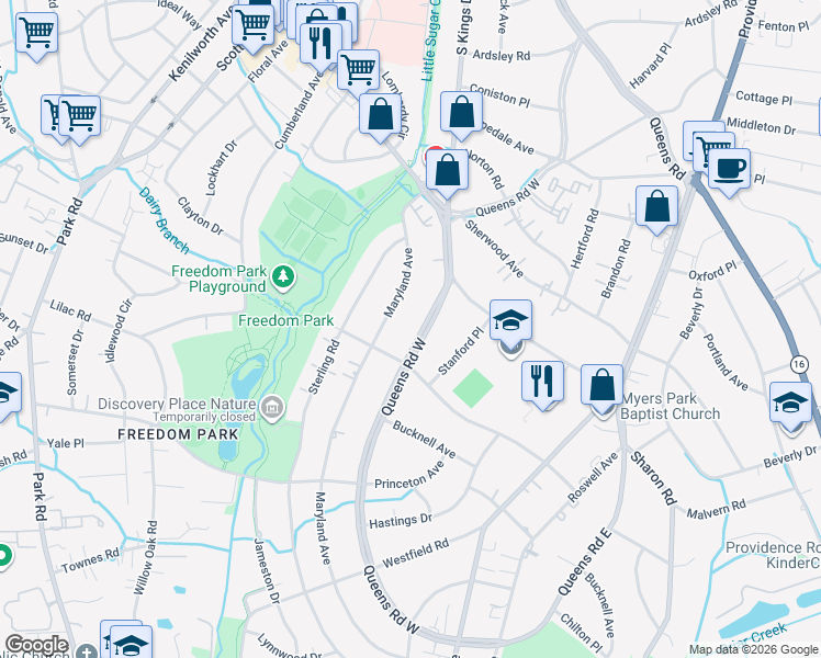 map of restaurants, bars, coffee shops, grocery stores, and more near 1534 Queens Road West in Charlotte