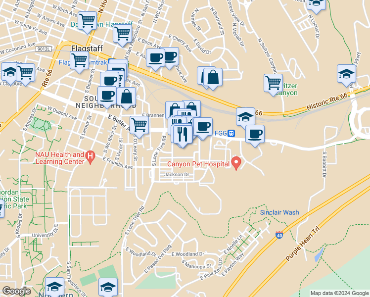 map of restaurants, bars, coffee shops, grocery stores, and more near 530 Piccadilly Drive in Flagstaff